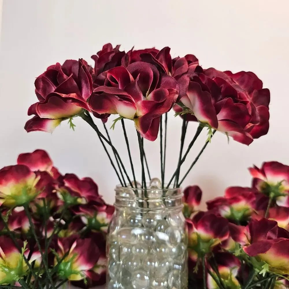 Lot 75 Wine Burgundy Satin Open Rose Stems Artificial Flowers Wedding Craft 2.5